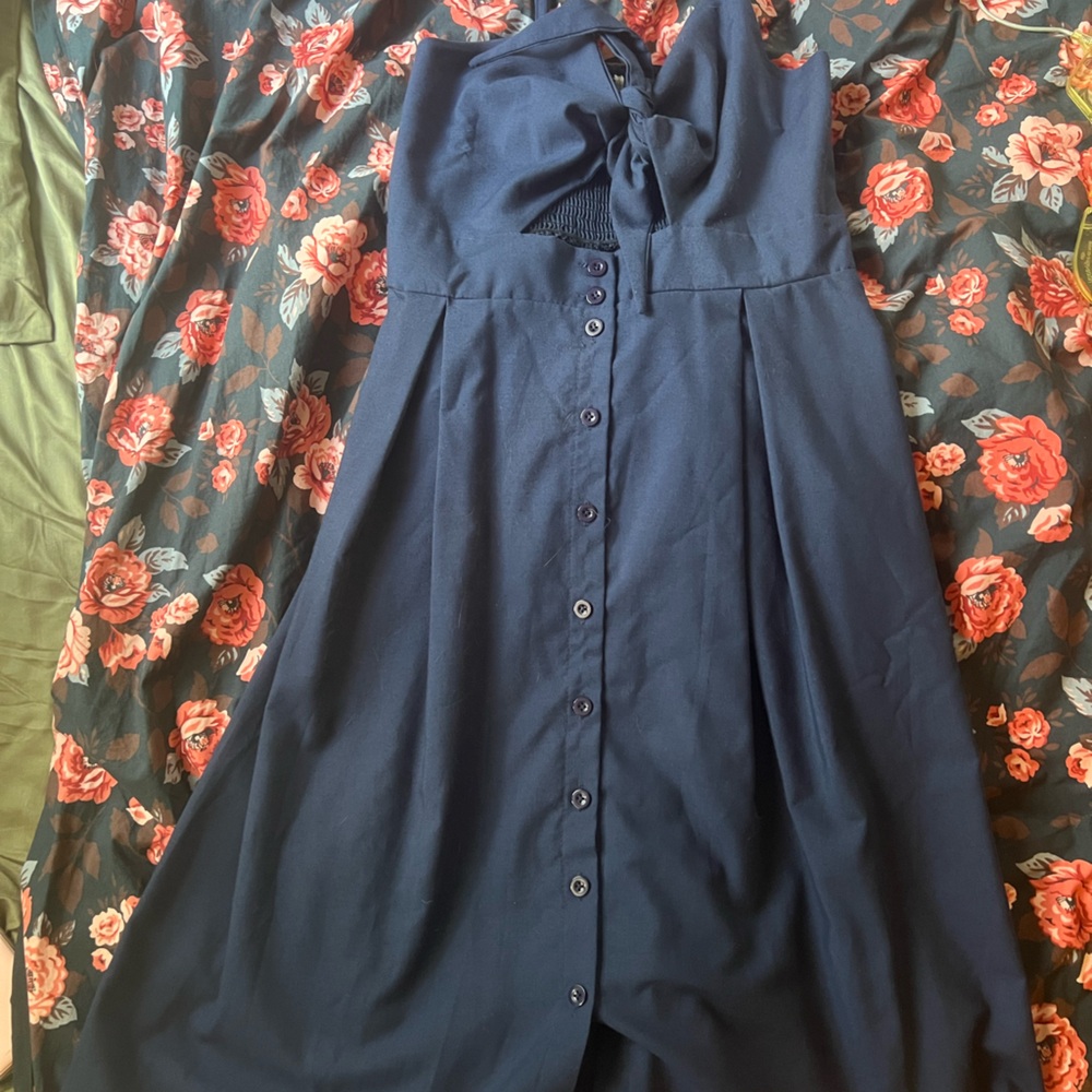Navy Button-Front Dress with Key Hole Front